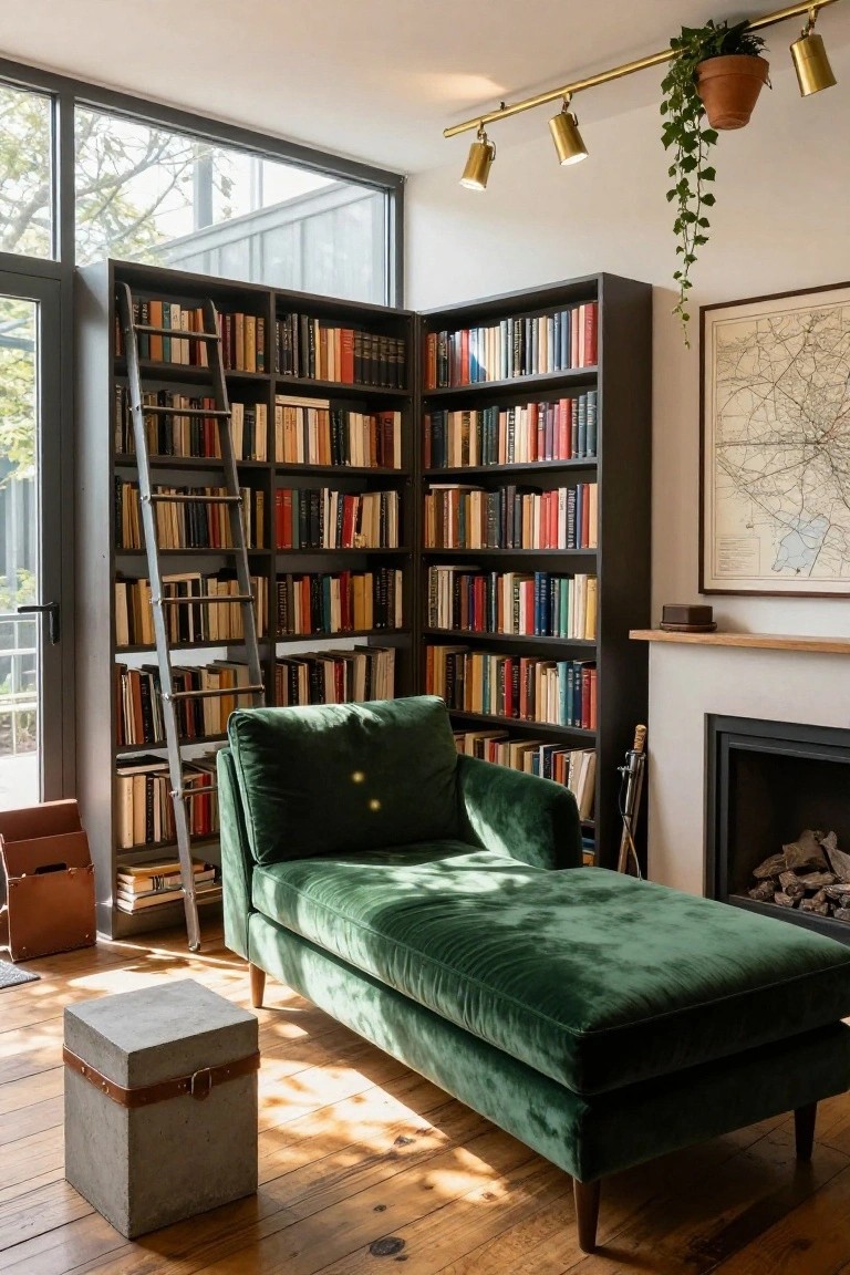 Interior corner of a living room with L-shaped tall black bookshelves filled with colorful books, sliding metal ladder, green velvet chaise lounge, wood fireplace, concrete stool with leather strap, and hanging plants above.