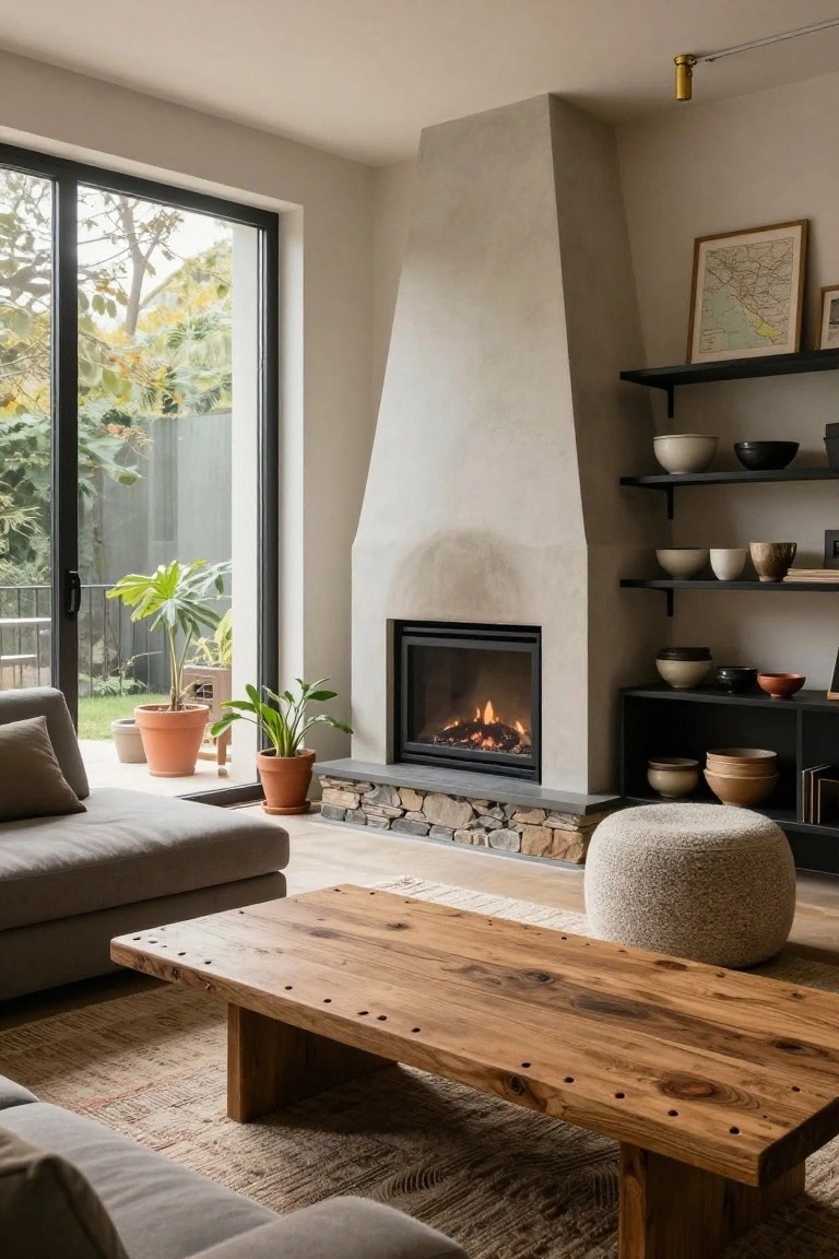 Living room with tall beige textured concrete fireplace and burning gas fire, low gray sofa, wooden coffee table with pegs, sheepskin pouf, black shelves holding ceramics, and sliding glass doors opening to a garden with plants.