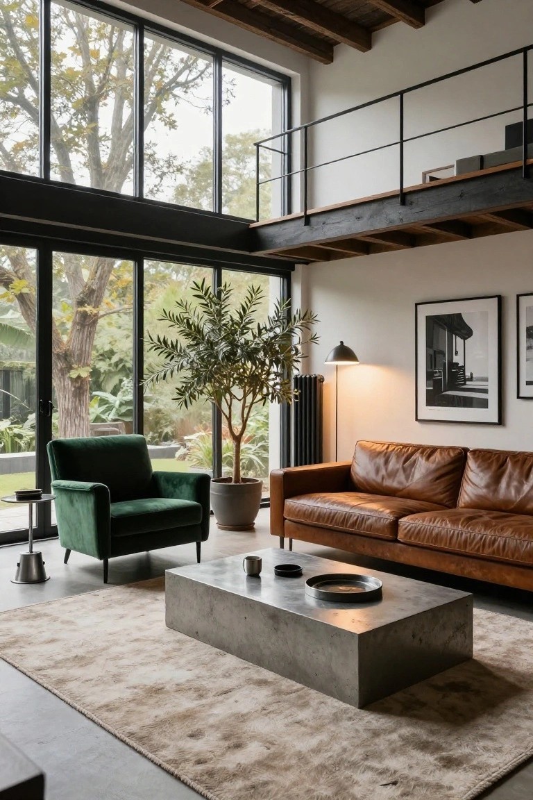 Industrial loft living room featuring exposed wooden beams and metal mezzanine railing, tan leather sofa, green velvet armchair, concrete coffee table, tall potted olive tree, beige rug, and large sliding glass windows to garden view.