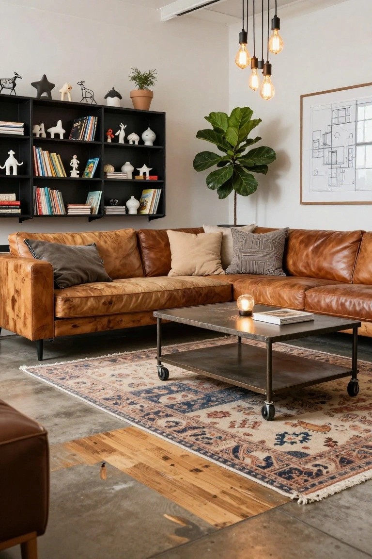 Warm Leather Sectional Softens Industrial Edges
