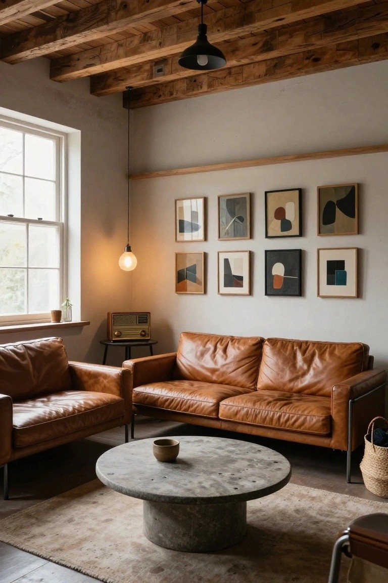 Living room interior with two tan leather sofas arranged around a round concrete coffee table, exposed wooden beam ceiling, grid of abstract framed artworks on a light gray wall, pendant lamps, and a vintage radio on a side table.