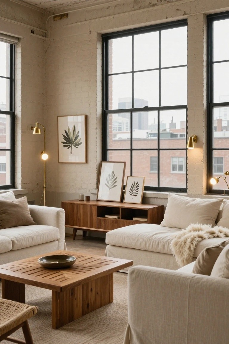 A living room in an industrial loft with exposed beige brick walls, large black metal-framed windows, cream slipcovered sofas, wooden coffee table and cabinets, floor lamps, and framed leaf prints.