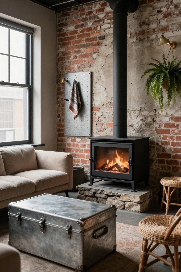 Industrial-style living room with exposed brick walls, black freestanding wood-burning stove lit with flames visible through glass door, beige sofa, galvanized metal trunk coffee table, rattan chairs, and hanging fern plant.