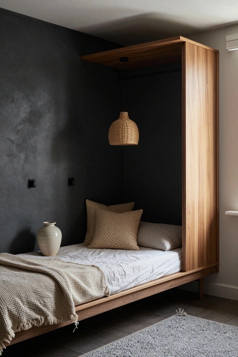 A low wooden bed sits inside a tall open oak cabinetry alcove against dark textured walls, with beige pillows, a hanging rattan lamp, a white ceramic vase nearby, and a light gray rug on the floor.