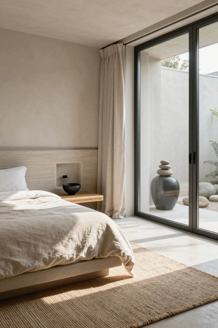 Minimalist bedroom featuring low wooden platform bed with white linen sheets, textured beige walls with built-in niche holding a black bowl, wooden nightstand, seagrass rug, and floor-to-ceiling black-framed sliding glass doors opening to a small outdoor zen rock garden with stacked stones, gray pottery vase, and boulders.