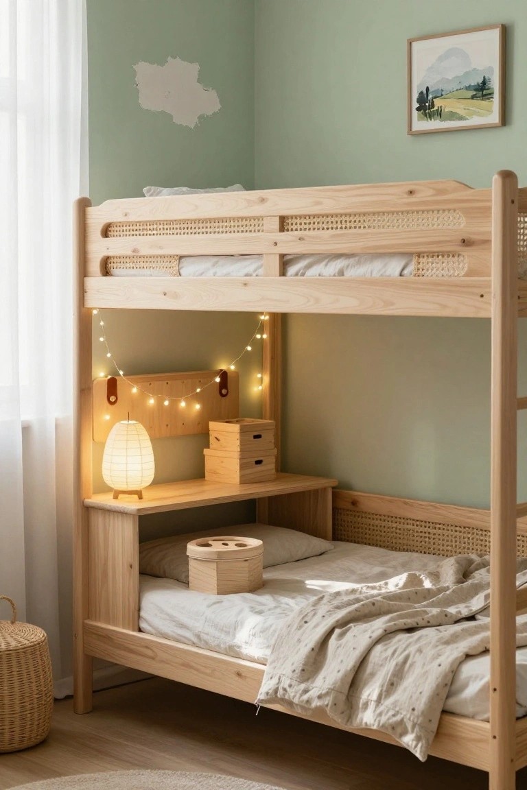 Wooden bunk bed with rattan panels in a mint green bedroom, featuring a built-in desk and shelves under the lower bunk, paper lantern lamp, string lights, wooden boxes, and wicker basket on the floor.