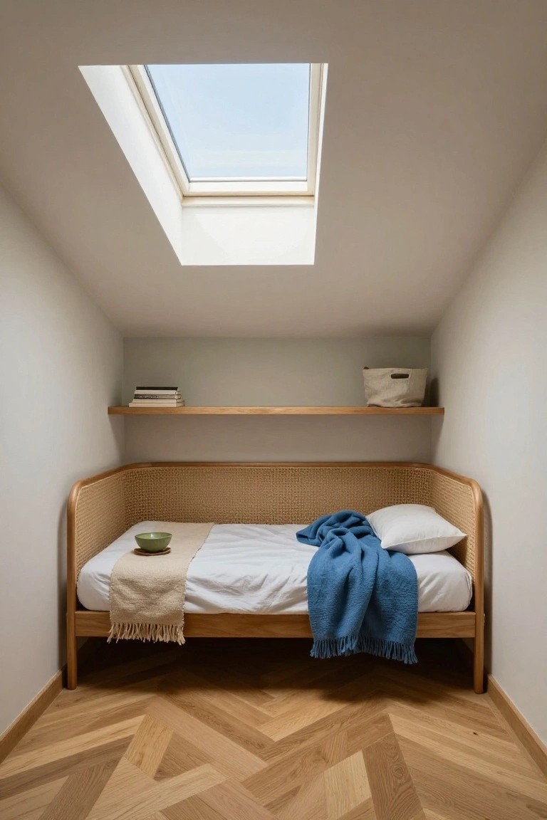 Small attic bedroom with rattan corner daybed on white sheets and beige runner, blue knit throw, green ceramic bowl, wooden shelf holding books and white basket, skylight above, herringbone oak floor.