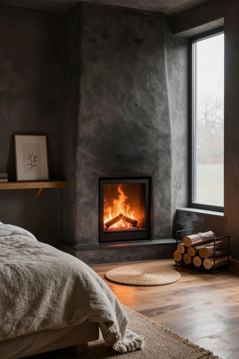 Bedroom corner with a modern square fireplace burning logs, set into textured gray plaster walls next to a large window, a low bed with white linens, seagrass rug, oak shelf with art, and firewood rack on oak floors.