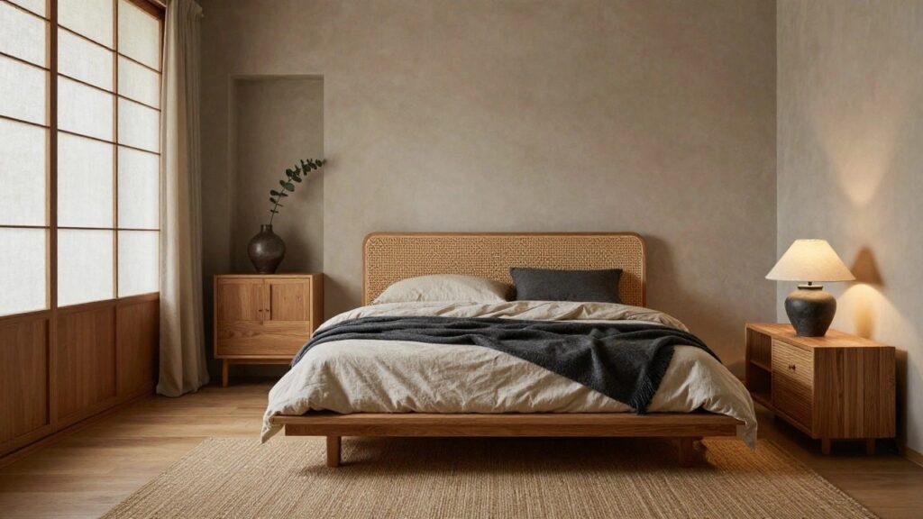 A minimalist bedroom with low wooden platform bed featuring rattan headboard, white linen sheets and pillows, dark wool throw, wooden nightstand with ceramic lamp, potted eucalyptus, and large window with sheer blinds over wooden floors and seagrass rug.
