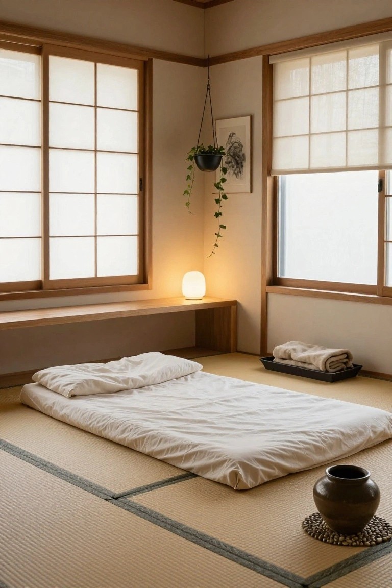 A minimalist Japanese-style bedroom featuring tatami mat flooring, a low white futon mattress with pillow, folded towels in a tray, a wooden bench with lamp, hanging plant, shoji screens, and a ceramic vase on a pebble mat.