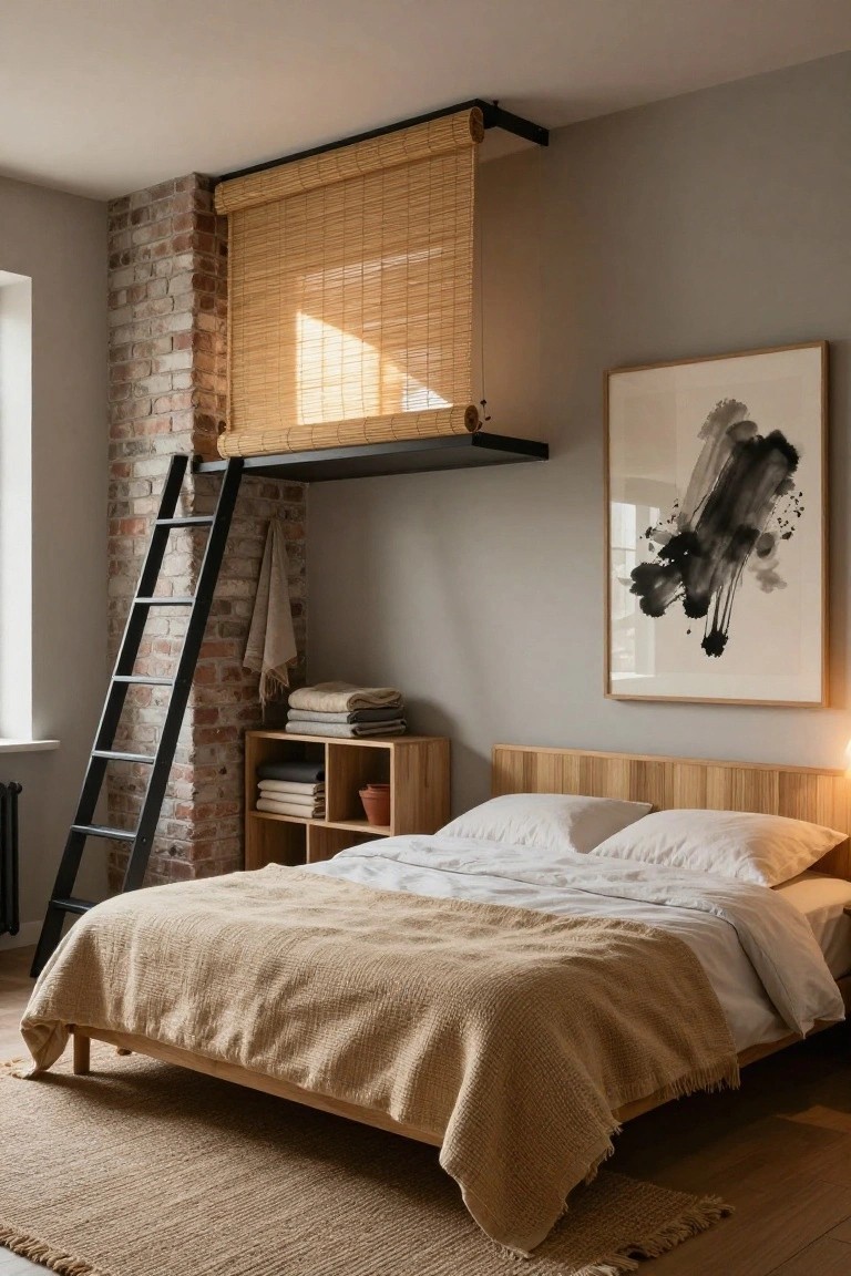 Bedroom with wooden platform bed covered in beige throw and white sheets, black metal ladder leading to elevated loft platform with bamboo blinds, exposed brick wall, wooden shelving unit, and large abstract ink painting.