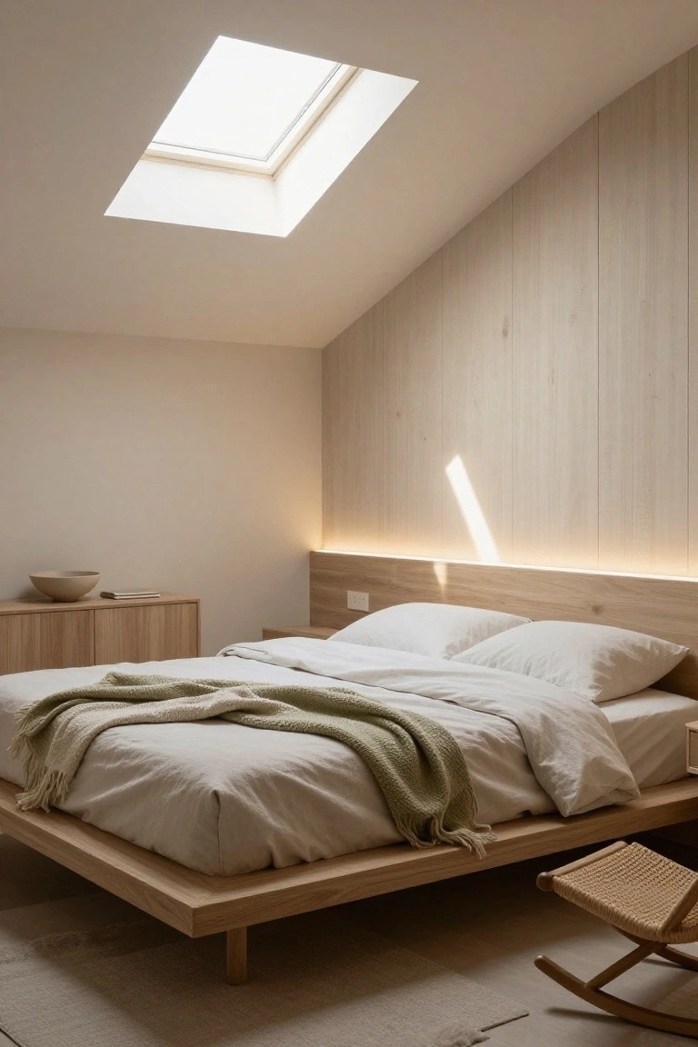 A bedroom with sloped ceiling and skylight, light vertical wood paneling on walls extending to headboard, low wooden platform bed with white linens and green throw, wooden nightstand, and rattan rocking chair on light wood floor.