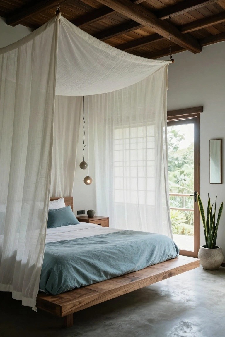 A bedroom with low wooden platform bed under white sheer canopy hung from wooden ceiling beams, teal pillows and duvet, two pendant lights, nightstand, and door to greenery with potted snake plant.