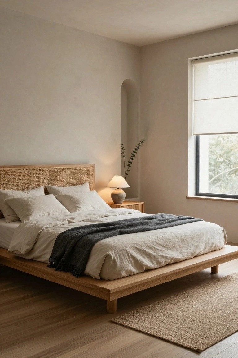 A minimalist bedroom with low wooden platform bed featuring rattan headboard, white linen sheets and pillows, dark wool throw, wooden nightstand with ceramic lamp, potted eucalyptus, and large window with sheer blinds over wooden floors and seagrass rug.