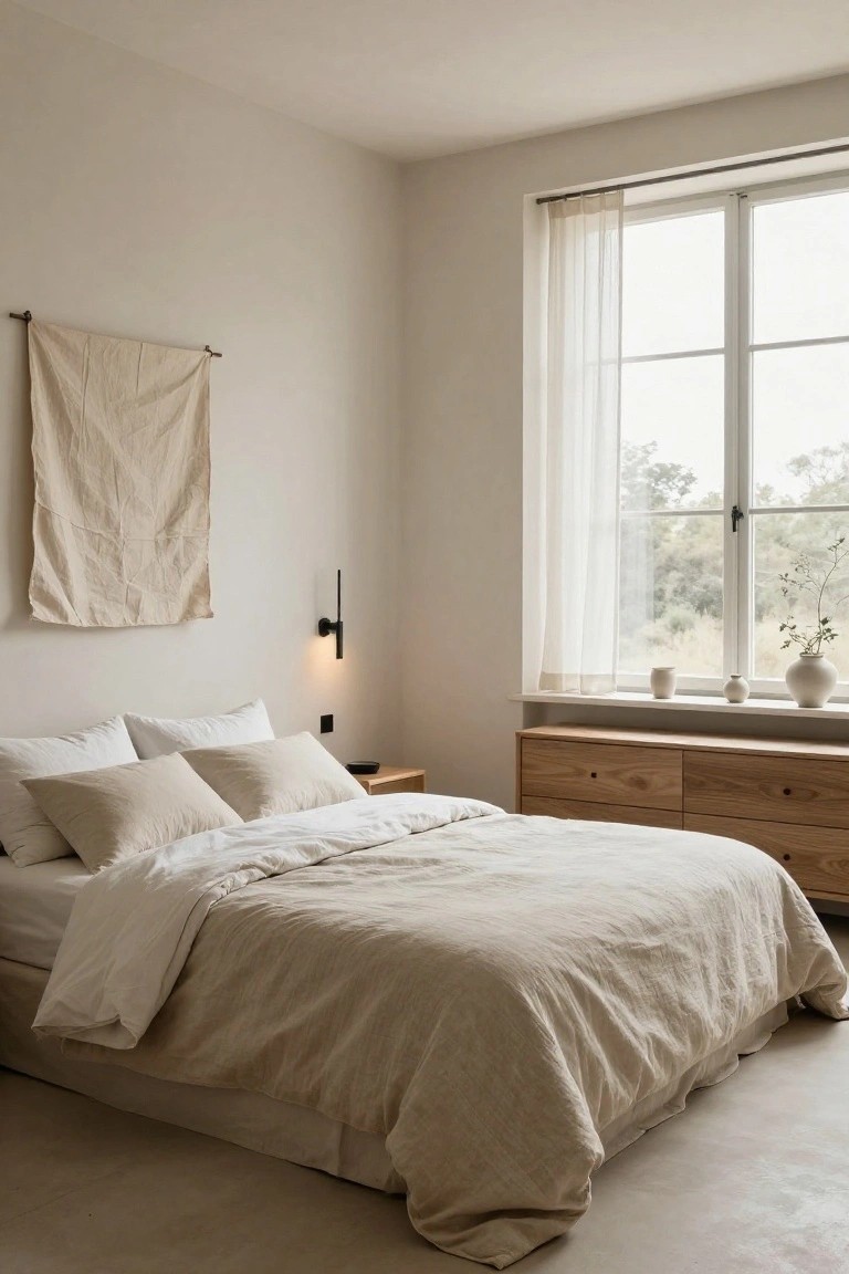 Beige bedroom interior featuring a low platform bed with white sheets and beige linen duvet, wooden dresser, wall lamp, hanging fabric panel, and sheer-curtained window with potted plants and greenery view.