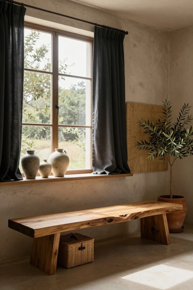 Room corner with a large live-edge wooden bench under a windowsill holding three textured ceramic vases, dark linen curtains on the window, a potted olive tree in a terracotta pot nearby, and a woven panel on the wall.