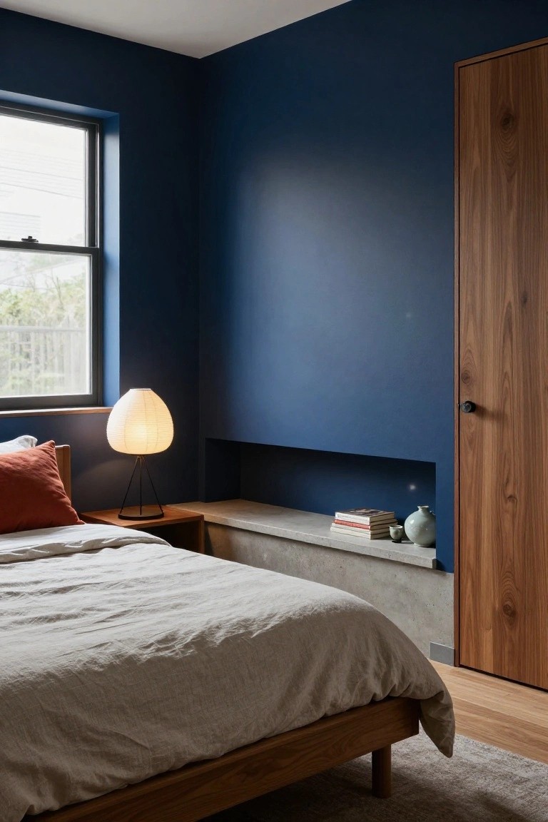Bedroom with deep navy blue walls, low wooden bed frame with light gray linen bedding and orange pillow, rice paper lamp on wooden nightstand, built-in concrete niche shelf holding books and white ceramics, and wooden door.