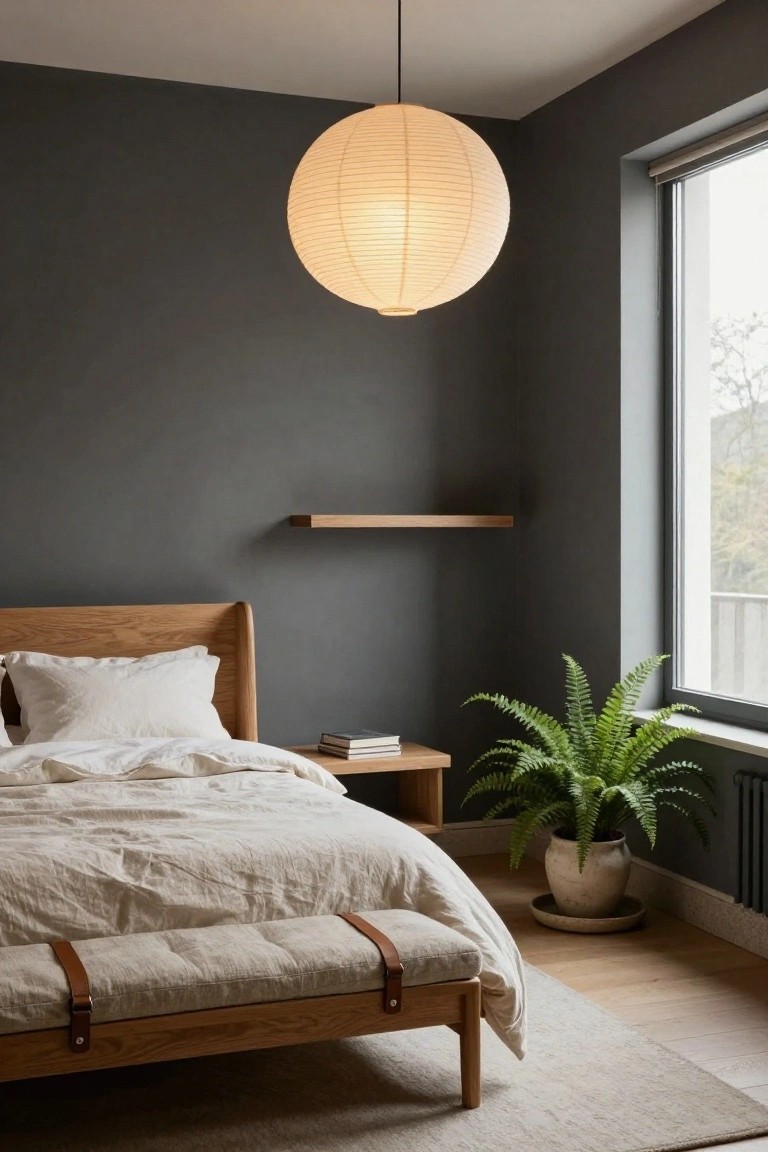 Corner of a bedroom featuring an oak bed with white linen bedding and leather-strapped bench footboard, a potted fern plant by a large window, a wooden nightstand with books, a floating oak shelf, and a large hanging white paper lantern against dark gray walls and light wood floors.