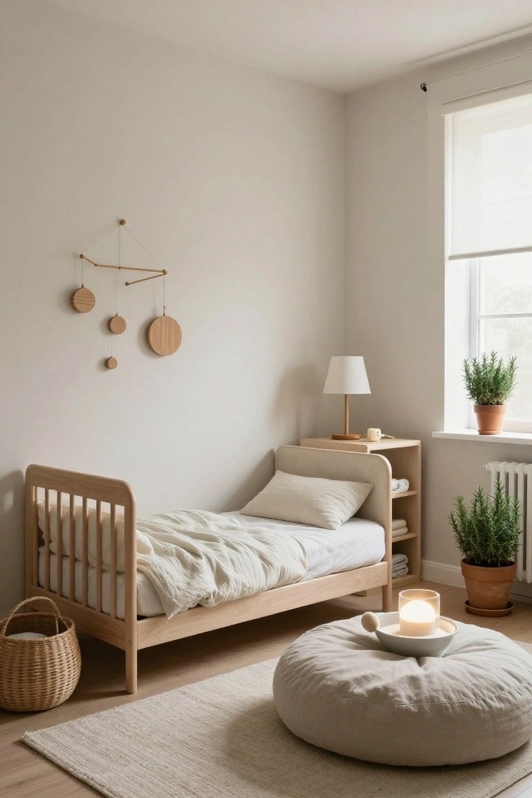 Corner of a minimalist light beige nursery with oak slatted crib integrated with nightstand shelves, wooden disc mobile on wall, table lamp, potted rosemary plants, cream pouf with candle bowl, woven basket, and light rug on wood floor.