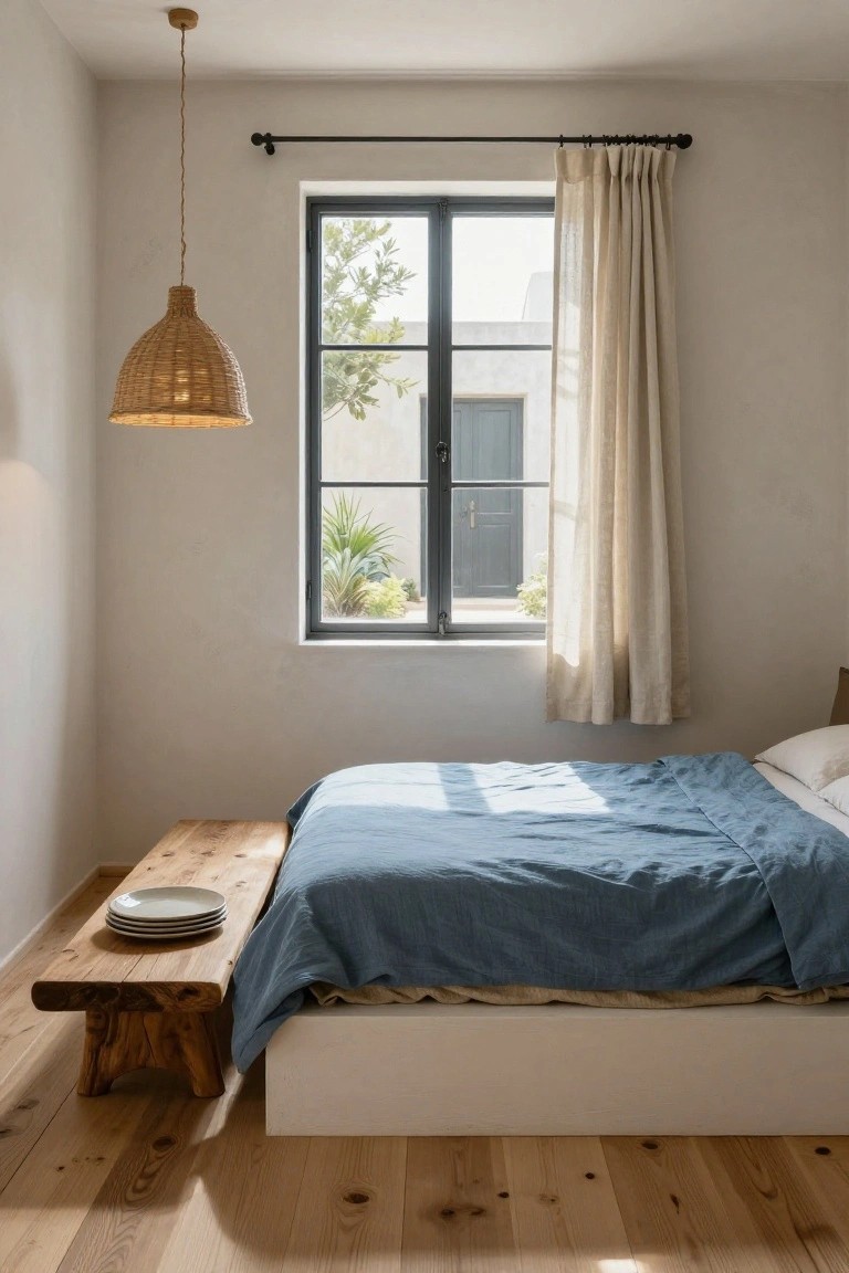 Minimalist bedroom with low white platform bed draped in blue linen bedding and white pillows, rustic wooden bench holding stacked white plates at the foot, rattan pendant light hanging above, beige linen curtains on black-framed window showing plants and blue door outside, light oak wood floors.