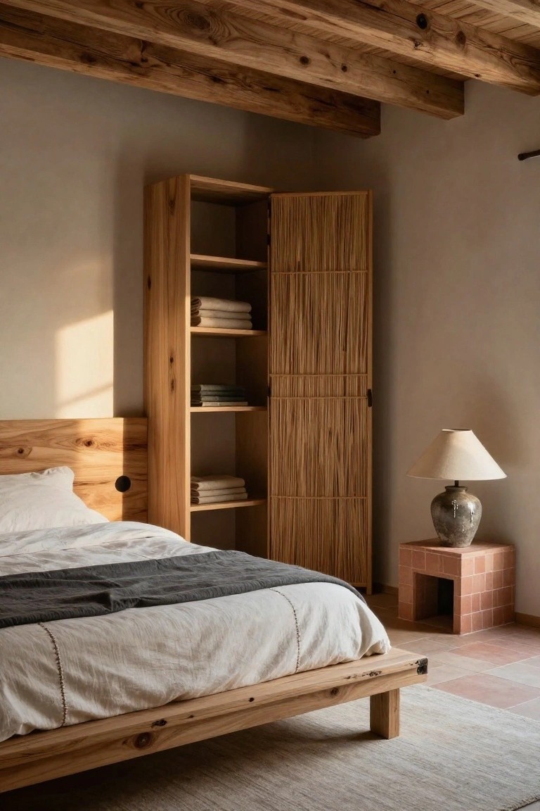 Bedroom with low wooden platform bed covered in white linens and gray throw, flanked by tall open wooden shelving and rattan-door wardrobe, exposed wooden ceiling beams, terracotta brick nightstand with ceramic lamp, and terracotta tile floor.