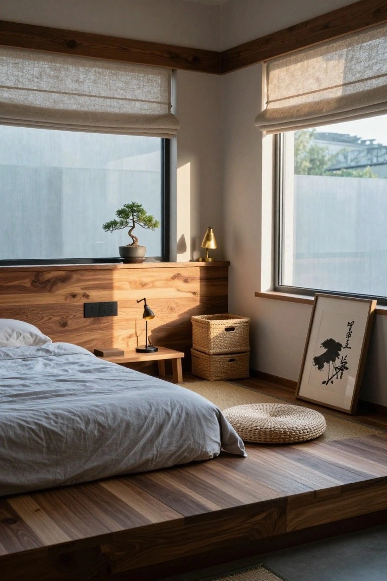 Corner bedroom interior with low wooden platform bed, gray bedding, bonsai tree on window sill, gold desk lamp on wood nightstand, woven baskets, and framed ink art leaning against wall.