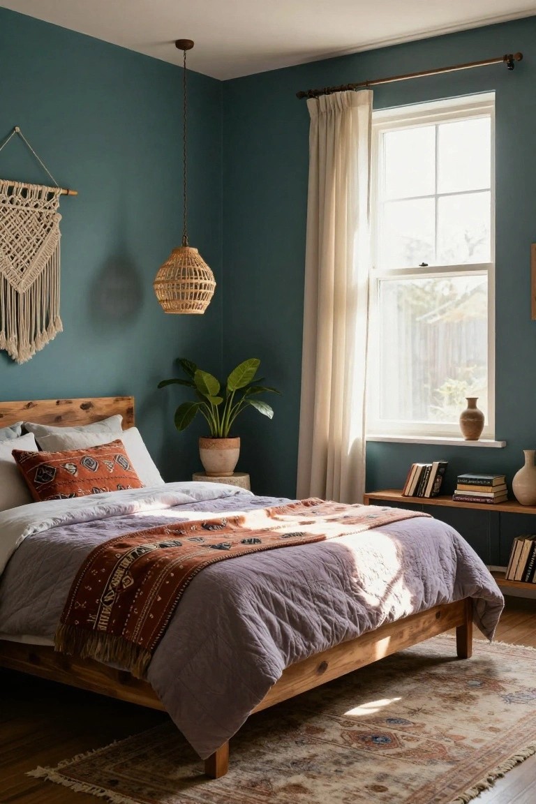 A bedroom with deep teal walls, wooden bed frame, white sheets topped with purple quilt and terracotta runner and pillows, rattan pendant light, macrame wall hanging, potted plant, bookshelf, and sheer curtains on a window.