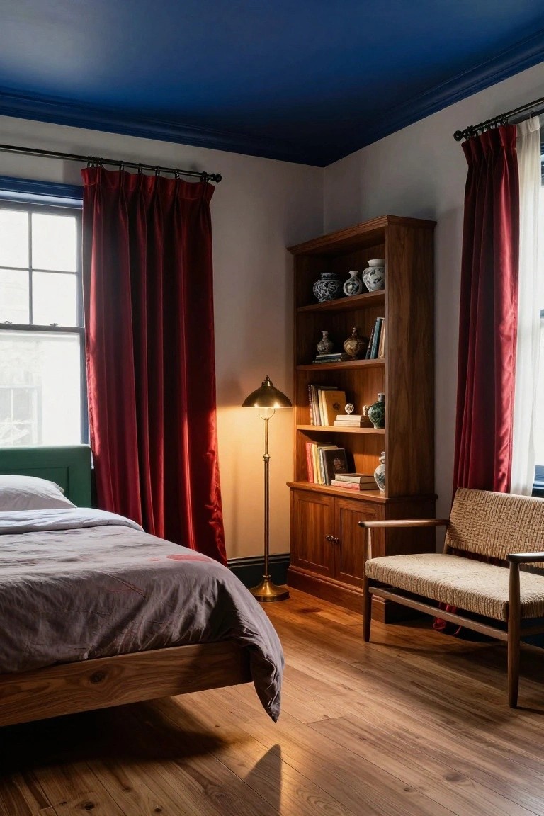 Corner view of a bedroom with navy blue ceiling, red velvet curtains on a window, wooden bookshelf with books and ceramic vases, green upholstered headboard on a wooden bed, brass floor lamp, rattan chair, and hardwood floors.
