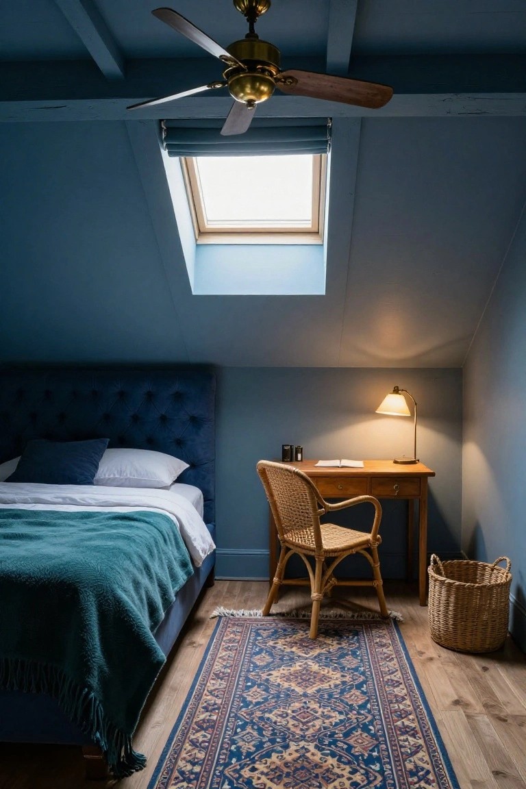 Attic bedroom featuring navy blue walls and sloped ceiling, tufted navy bed with teal blanket and white pillows, wooden desk with rattan chair and lamp, blue patterned rug, skylight, and brass ceiling fan.