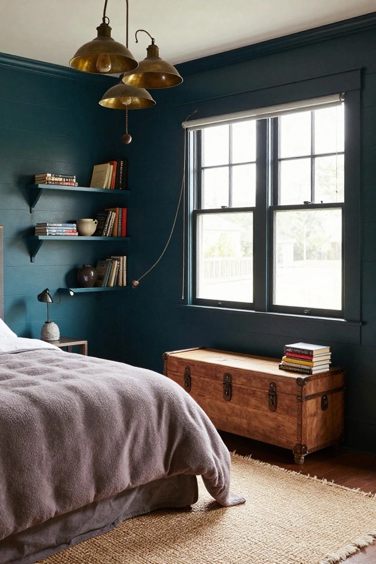 Bedroom with deep navy shiplap walls, three brass pendant lights hanging from the ceiling, floating wooden shelves with books and pottery, a bed with gray textured bedding, wooden hope chest at the foot of the bed, small side table with lamp, seagrass rug, and two large windows with roller shade.