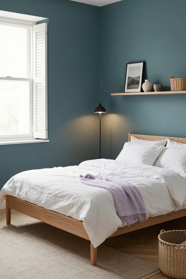 Bedroom with deep teal walls, oak bed frame holding white linens and purple throw, black floor lamp lit up, floating shelf with vase and photos, white shuttered window, beige rug, and wicker basket on herringbone floor.