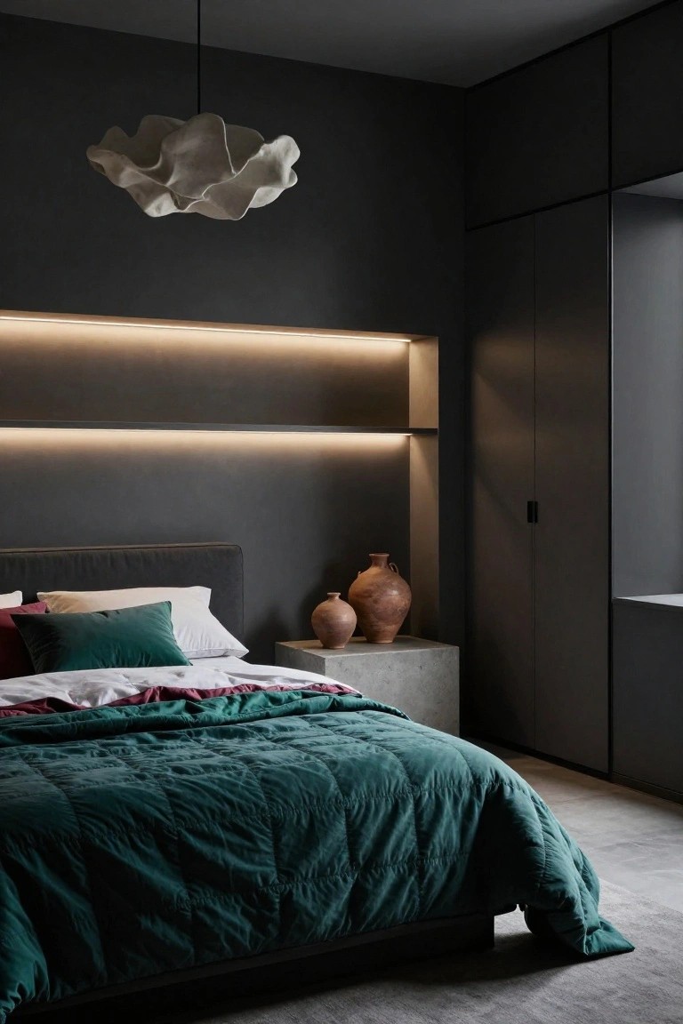 A bedroom with charcoal gray walls, a low platform bed draped in emerald green quilted duvet and pillows, two terracotta vases on a concrete nightstand, built-in wardrobe with LED strip lighting, and a sculptural white pendant lamp.