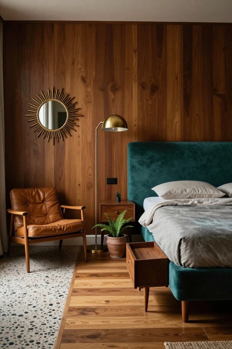 Bedroom interior with emerald green velvet upholstered headboard against vertical walnut wood paneled wall, tan leather armchair nearby, gold sunburst mirror, brass floor lamp, wooden nightstand, and light gray linens on bed.