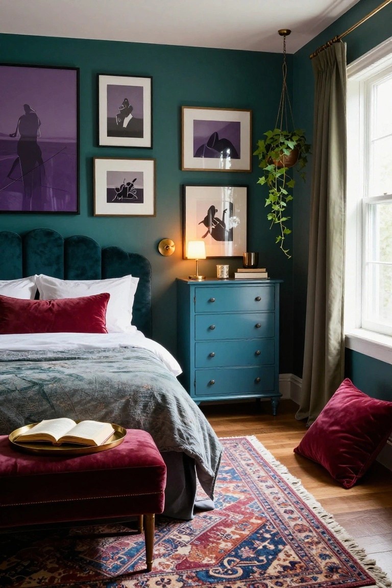 Bedroom with emerald green tufted headboard and walls, white bed with red velvet pillows and gray duvet, teal dresser with lamp, red velvet ottoman holding open book on gold tray, purple silhouette art on walls, hanging ivy plant, sage curtains at window, and patterned rug on wood floor.