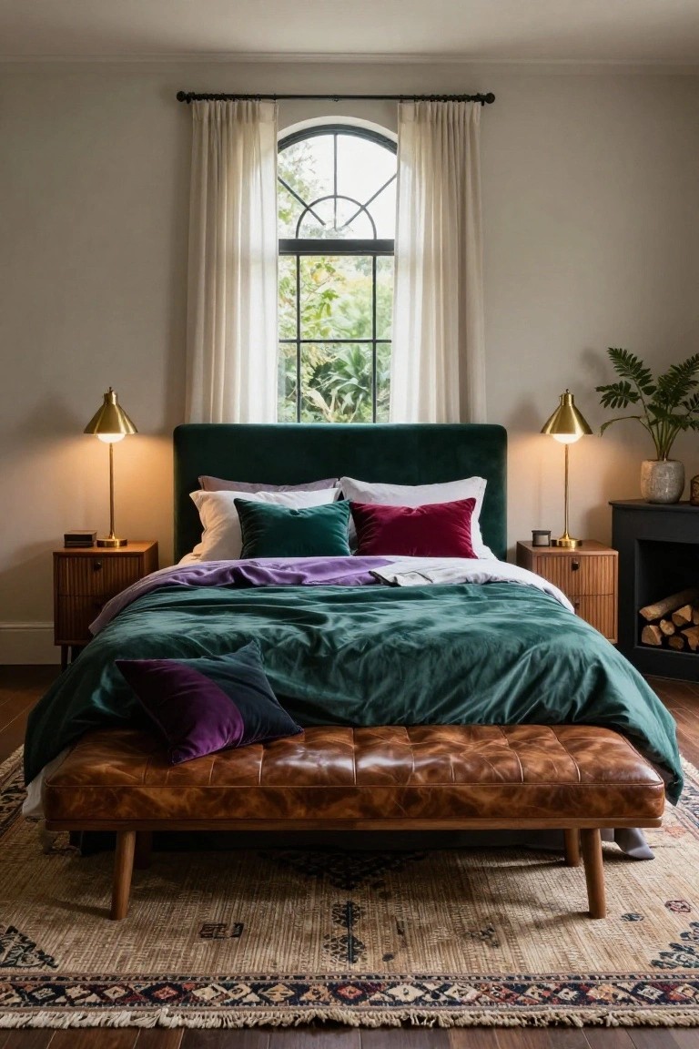 Bedroom interior with emerald green velvet upholstered bed and matching duvet, layered pillows in purple, red, green, and white, flanked by gold cone lamps on wooden nightstands, brown leather bench at bed foot, arched window with sheer curtains, potted plant, and fireplace on hardwood floor with patterned rug.