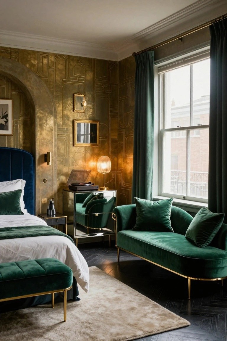 Elegant bedroom featuring green velvet furniture, gold-accented wallpaper, and large windows.