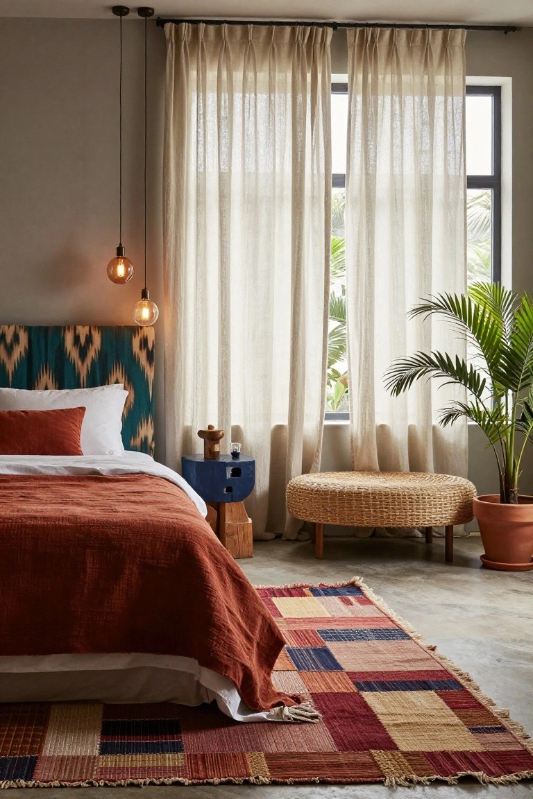 Bedroom with teal patterned headboard, white and rust bedding on a low bed, blue nightstand with wood stool, rattan pouf, potted palm plant near window with sheer curtains, and multicolored patchwork rug on concrete floor.