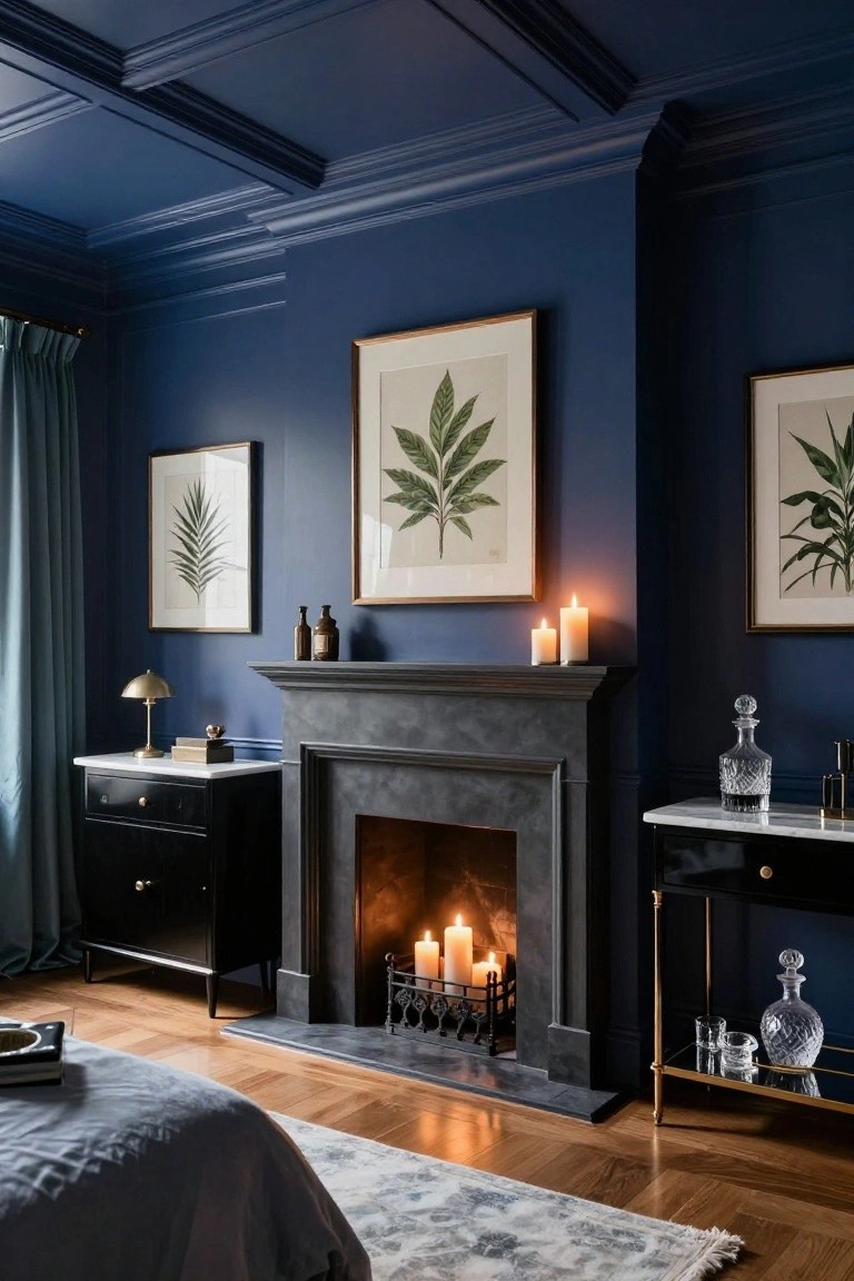 A bedroom with deep navy blue walls, black nightstands, a lit stone fireplace, botanical leaf prints in gold frames, blue velvet curtains, a bed with gray-blue bedding, and hardwood floors.