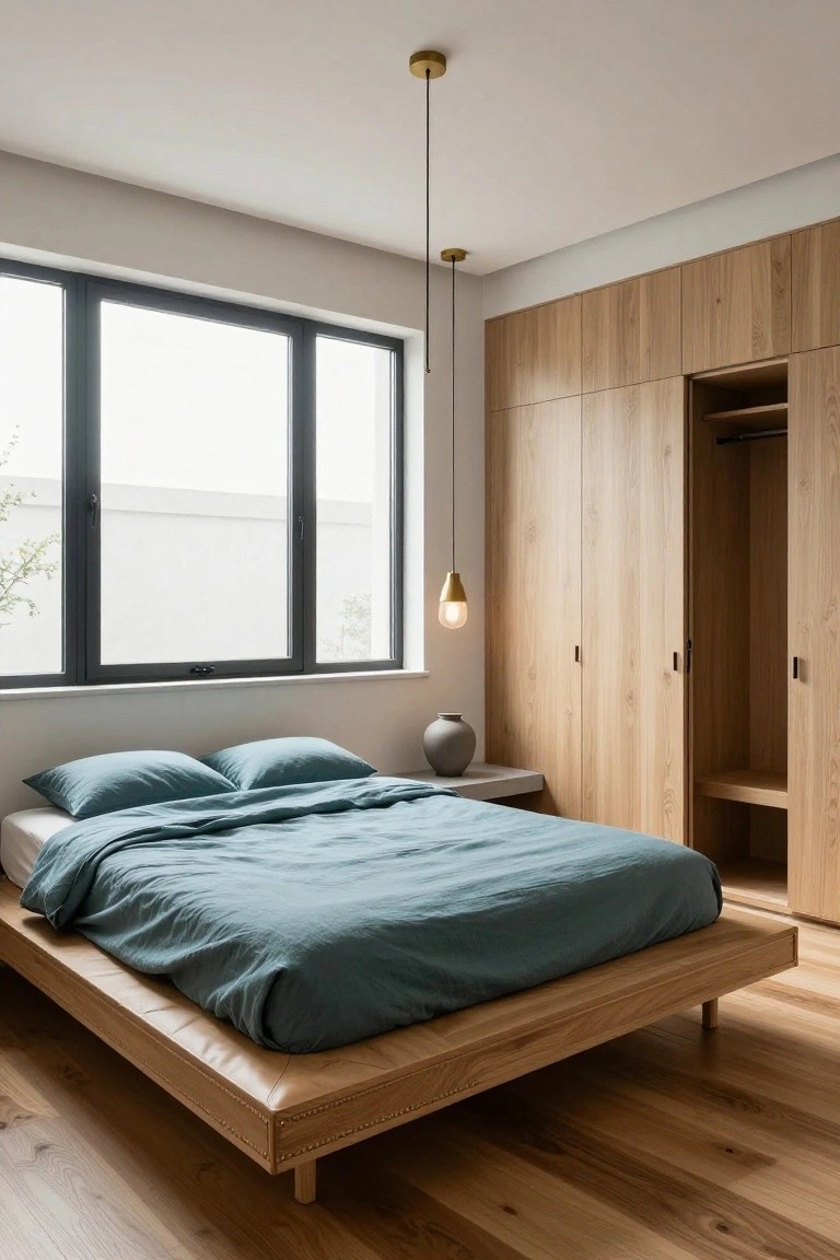 Minimalist bedroom interior with light oak platform bed draped in teal linen bedding and pillows, matching oak wardrobes with open closet, bedside table holding a vase, large black-framed triple window, and two gold pendant lights from white ceiling over light oak floors.
