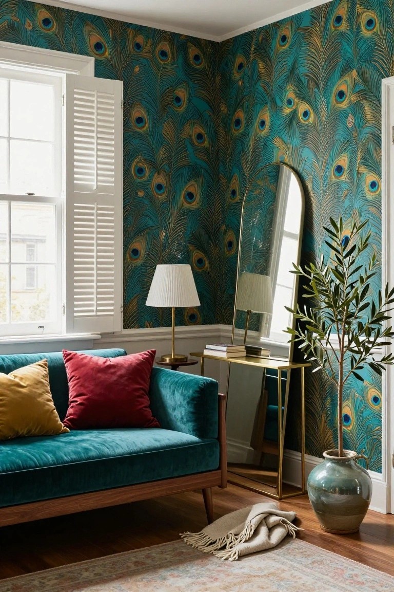 Corner of a room with teal peacock feather wallpaper on walls, teal velvet sofa with red and mustard yellow pillows, brass lamp on side table, tall gold mirror, potted olive tree in green vase, and hardwood floor with rug.