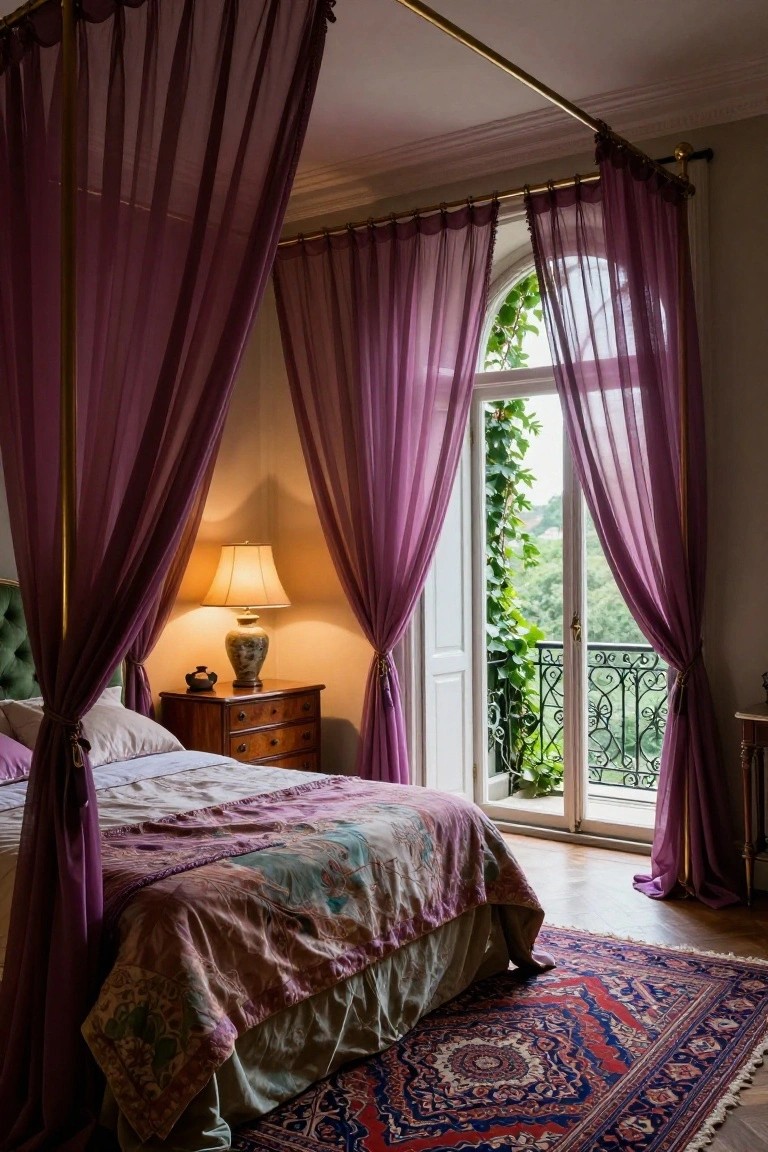 A bedroom with a four-poster bed draped in sheer purple curtains, a wooden dresser and lamp beside it, and tall French doors opening to a balcony with ivy-covered railing.
