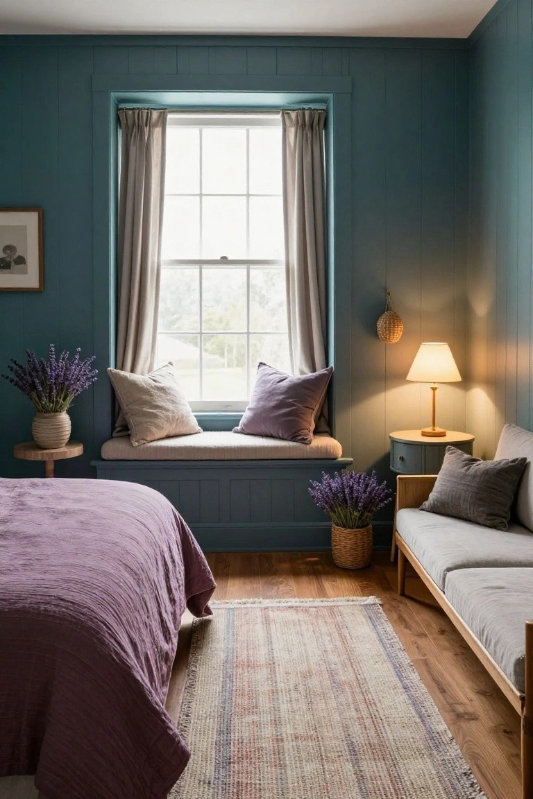 A bedroom with teal shiplap paneled walls, a window seat with beige and purple pillows and lavender vase, purple linen bed, basket of lavender near a gray daybed, small lamp on round table, and striped rug on wood floors.