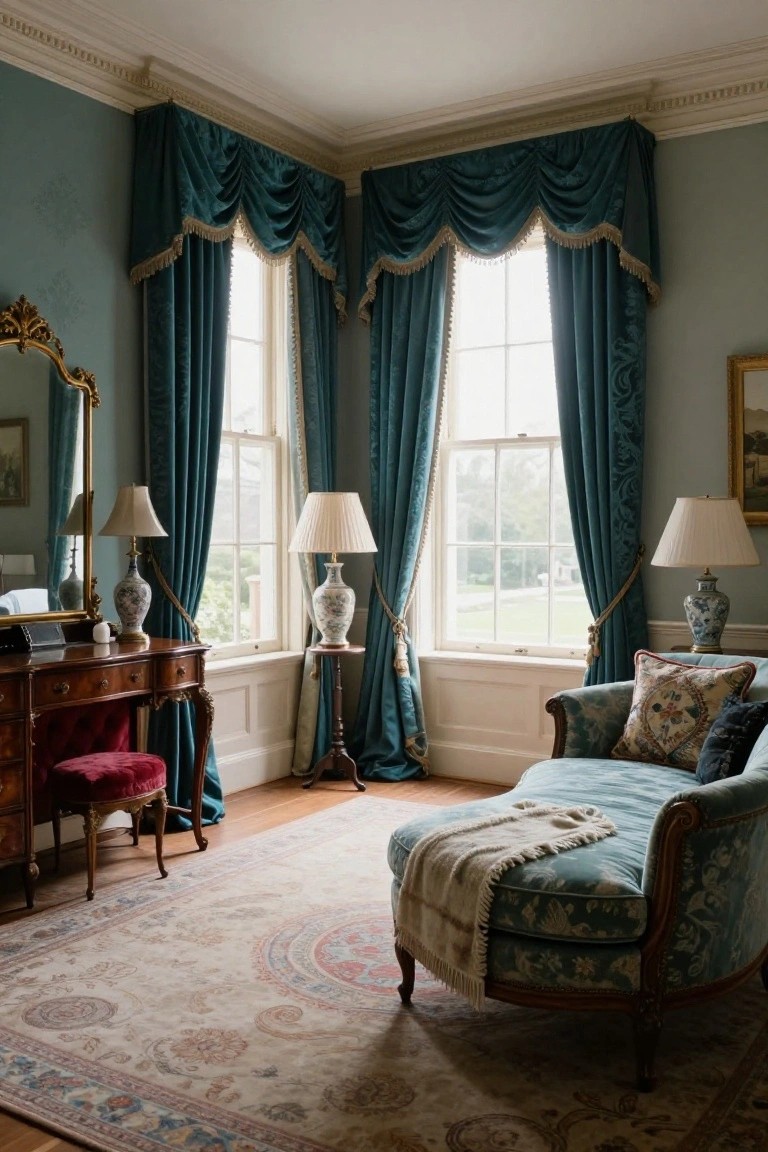 Corner of a pale green bedroom with tall windows draped in teal velvet curtains, wooden vanity table with blue and white vases and lamps, red upholstered stool, and teal chaise lounge on a patterned rug.