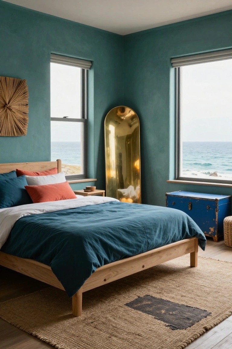 Bedroom interior with teal textured walls, wooden bed frame with navy duvet and orange pillows, tall gold surfboard-shaped mirror, blue trunk, and large windows showing ocean view.