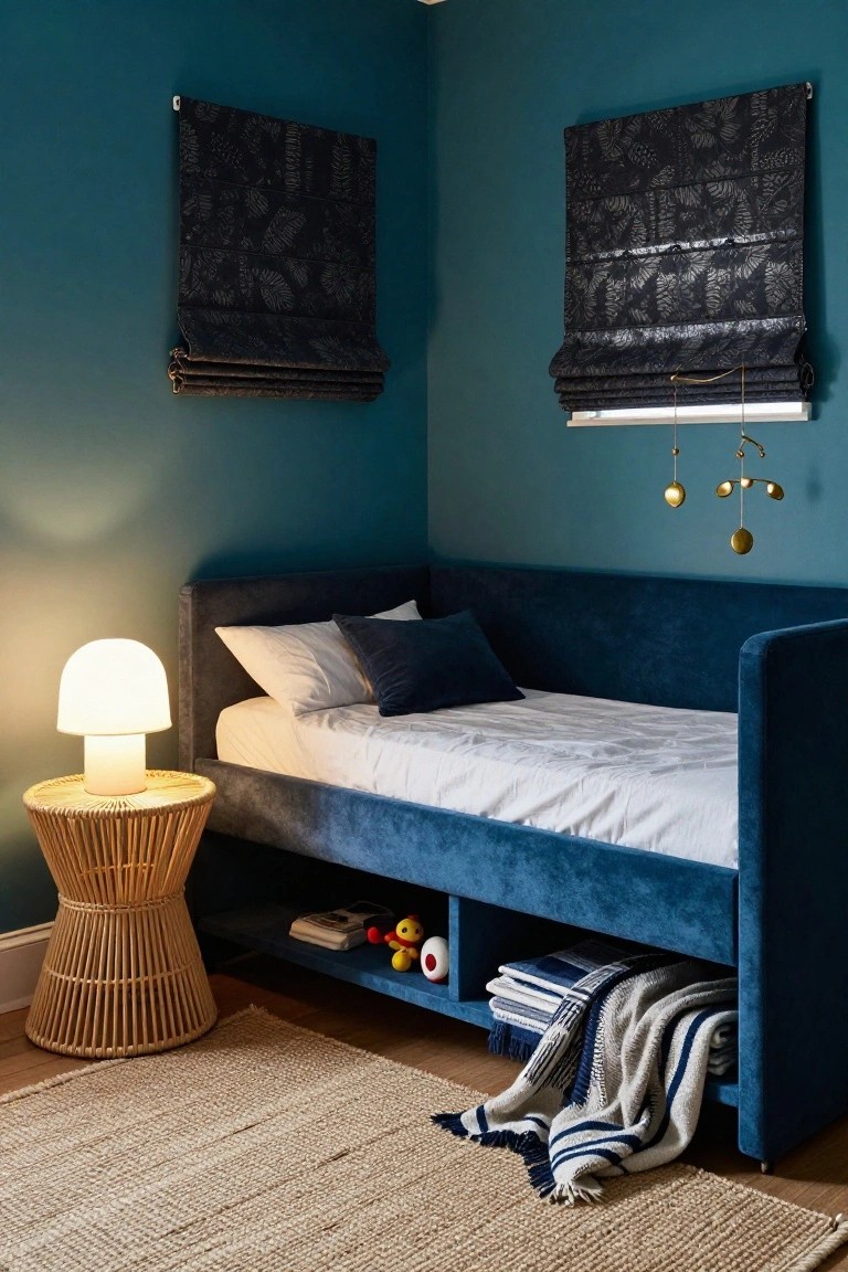 Corner of a teal-painted bedroom with navy blue velvet daybed, white pillows and sheets, under-bed storage drawers holding toys blankets and books, white mushroom lamp on rattan side table, gold mobile above window, beige jute rug on wood floor.