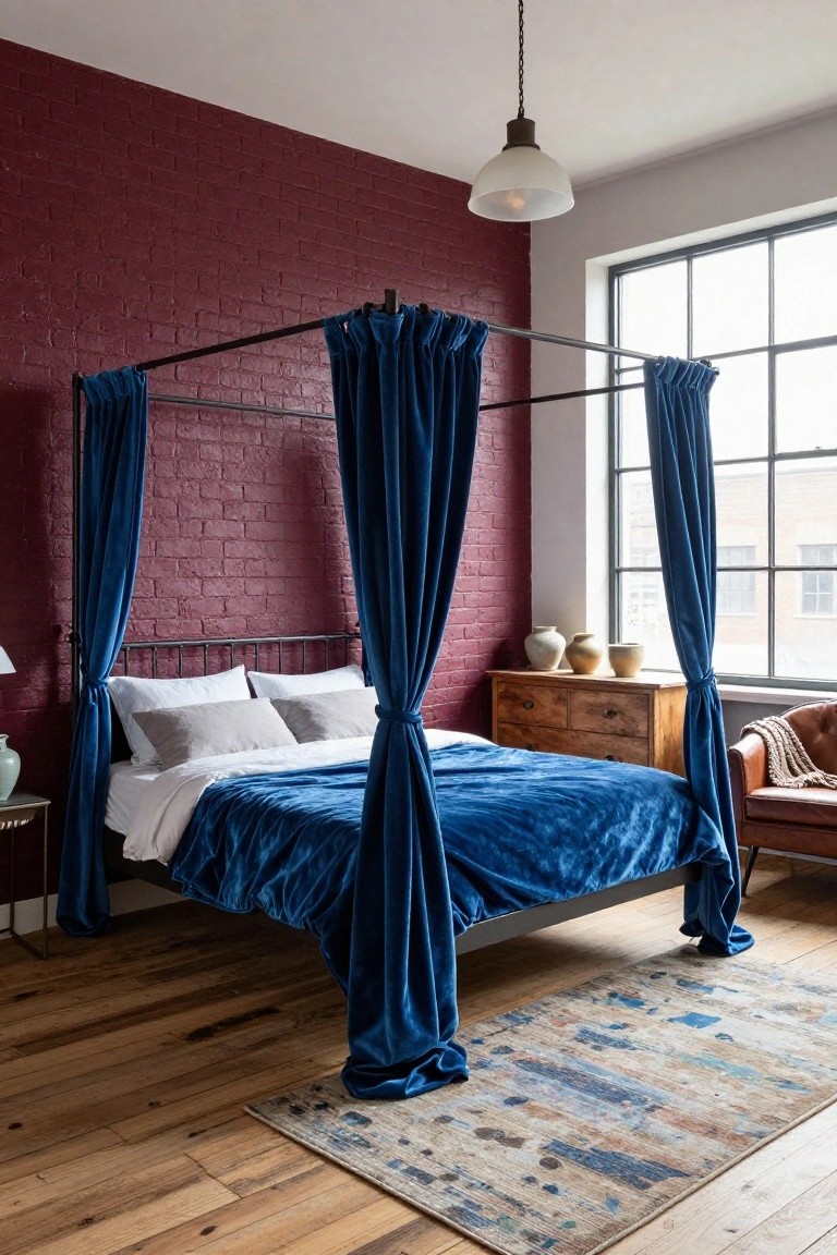 A bedroom with a black metal four-poster bed draped in navy blue velvet curtains against a maroon exposed brick wall, wooden dresser, leather armchair, large window, and hardwood floors with a colorful rug.