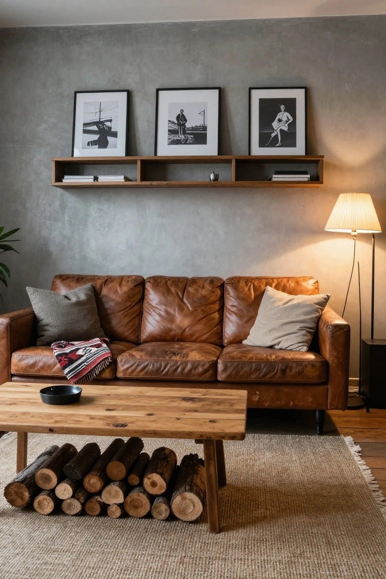 Cozy living room with a leather sofa, wooden coffee table, and framed black-and-white art.