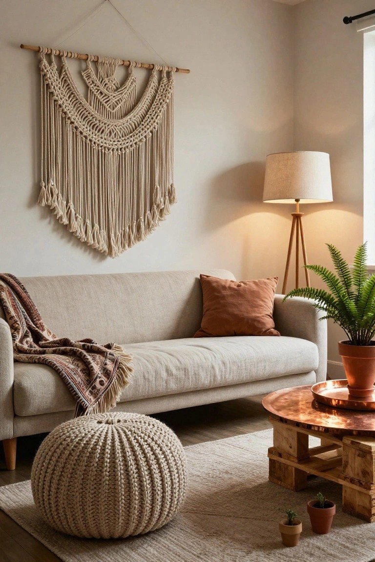 Beige living room with large cream macrame wall hanging, light gray linen sofa draped with multicolored woven throw and rust pillows, white knitted pouf, copper round coffee table on wooden pallet base, tripod floor lamp, potted fern and small plants, neutral woven rug.