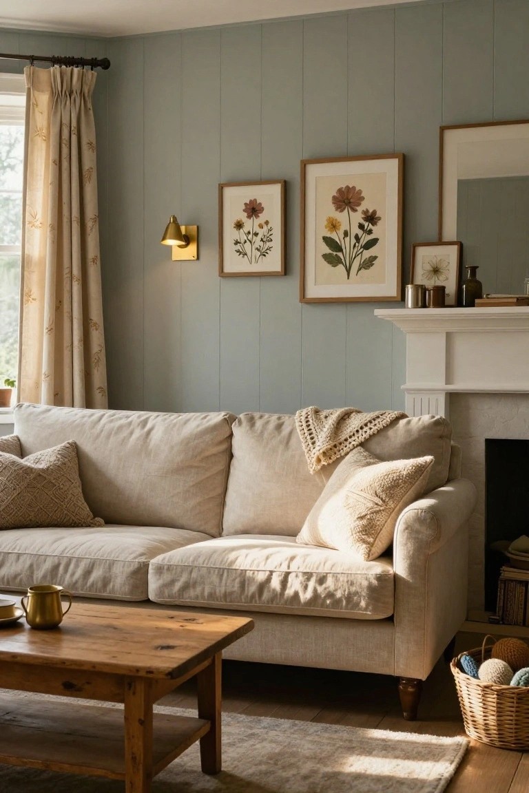 A cozy living room with pale green paneled walls, a cream linen sofa layered with knit pillows and throw, wooden coffee table holding a mug, botanical art above a white fireplace, and a basket of yarn on the floor.