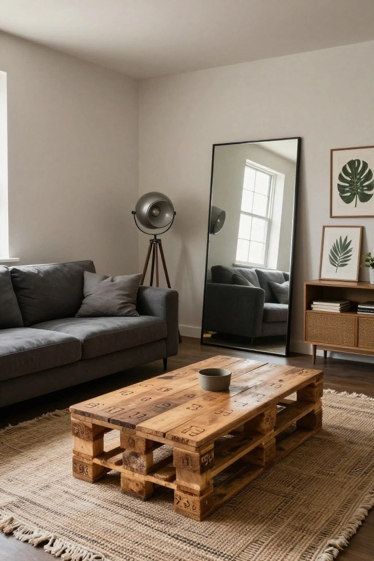 A modern living room featuring a gray fabric sofa, low wooden pallet coffee table with stamped markings, tall black-framed mirror, tripod floor lamp, woven rug, and potted plants on light beige walls with hardwood floors.